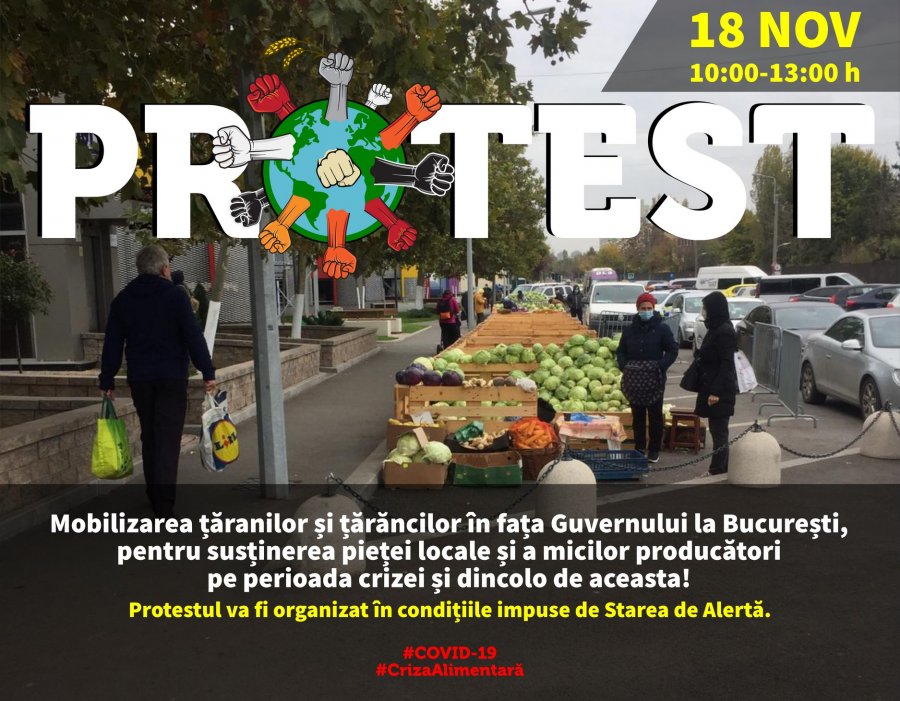 Protest în fața Guvernului al țăranilor și țărăncilor  Pentru susținerea pieței locale și a micilor producători pe perioada crizei și dincolo de aceasta!