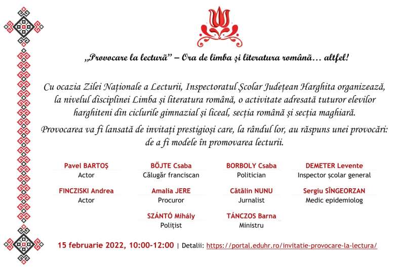 REPORTAJ/ Elevii din Harghita, provocaţi la lectură de persoane publice; o altfel de lecţie de Limba şi literatura română